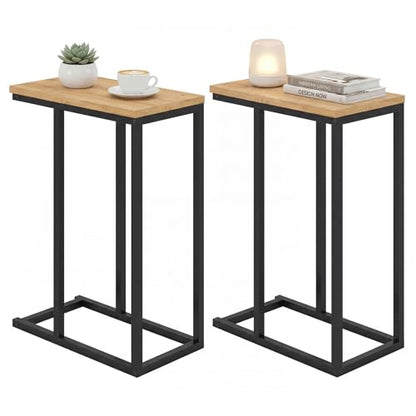 Giantex C-Shaped End Table, Set of 2 Small Sofa Couch Side Table that Slide Under with Metal Frame & Spacious Tabletop, Bedside Laptop TV Tray for Living Room Bedroom Small Spaces (Natural) - color: Natural