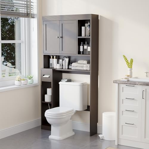 Over The Toilet Storage Cabinet with 7 Shelves, Imitation Walnut Grain Above Toilet Bathroom Organizer with Toilet Paper Holder Stand, Space Saver for Restroom, Laundry, Bathroom (Espresso) - color: Espresso