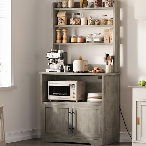 IDEALHOUSE Bakers Rack With Storage Cabinet, Microwave Stand With Power Outlets, Farmhouse pantry cabine With Thick Table Top, Small Kitchen Pantry Hutch Bakers Rack for Kitchen,Dining Room,Retro Gray - color: Retro Gray, size: with 2 Wood Door