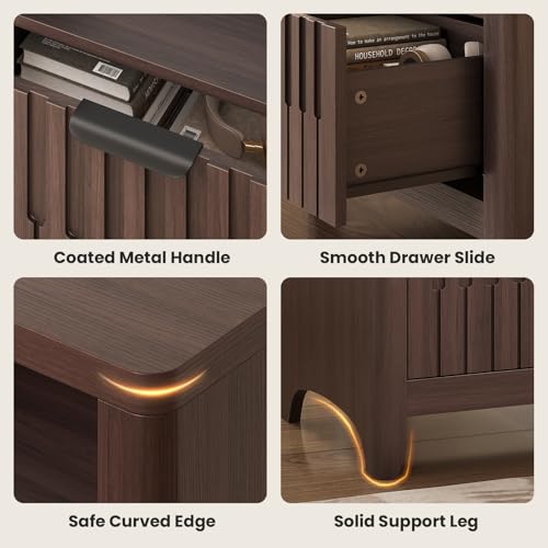 Fluted Nightstand with Charging Station, 21" Wide Modern Bedside Table with Storage Drawer, Wide Open Shelf & Curved Corner, Mid Century Night Stand End Side Table for Bedroom, Walnut