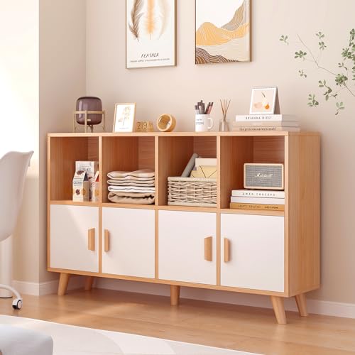 8-Cube Bookcase with Doors, 2-Tier Low Storage Cabient, Oak | Solid Wood Legs and Door Handles, Cubby Shelf with 4 Doors, Fits 11×11" Bins for Home & Office - color: Oak