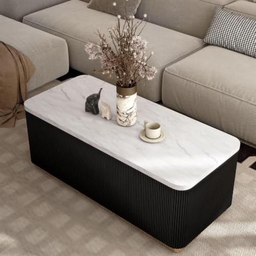 Furniture of America Beryl Modern Rectangle White Genuine Marble Top Coffee Table with Fluted Pedestal Base and Gold Stainless Steel Accent, Low Profile Table for Living Room, Home Office, Black - size: Coffee table, style: Rectangle