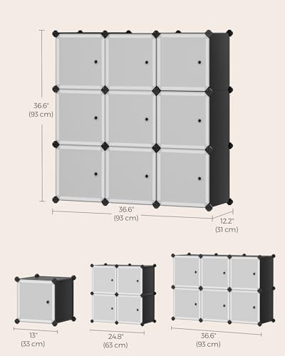 SONGMICS Cube Storage Organizer, Set of 9 Plastic Cubes, Closet Storage Shelves, DIY Plastic Closet Cabinet, Modular Bookcase, Shelving with Doors for Bedroom, Living Room, Black and White ULPC116HS
