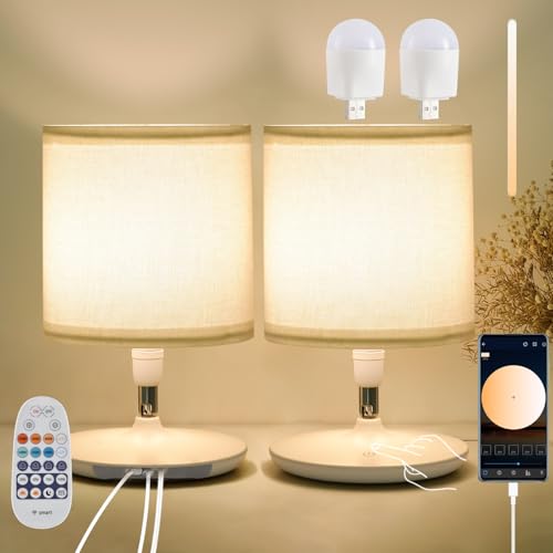 2pcs Table Lamps Bedroom USB C+A Ports, Remote and App, Stepless Dimming and 3 Modes Dimmable Touch Nightstand Bedside USB-C Ports Small Table Lamp Fully Control Light - White
