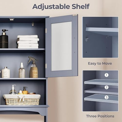 Yaheetech Over The Toilet Storage Cabinet, Free Standing Toilet Rack with Adjustable Shelves and Tempered Glass Doors for Bathroom Washroom, Grey - color: Grey