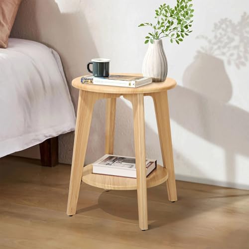 End Table Small Round Side Table with 2 Storage Shelves Walnut End Tables Accent Sofa Bedside Table Modern Night Stand for Living Room Bedroom Small Spaces - color: Beige