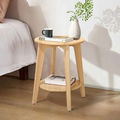 End Table Small Round Side Table with 2 Storage Shelves Walnut End Tables Accent Sofa Bedside Table Modern Night Stand for Living Room Bedroom Small Spaces - color: Beige