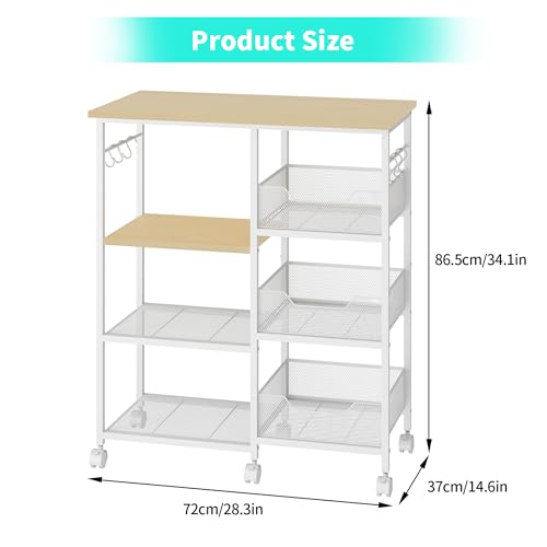 HapiRm Rolling Kitchen Carts with Storage - Microwave Table Stand with 6 Hooks & 3 Baskets, kitchen Island Cart on Lockable Wheels, 28.3" L × 14.6" W Bakers Rack Cart for Dining Room Coffee Bar Office - color: White