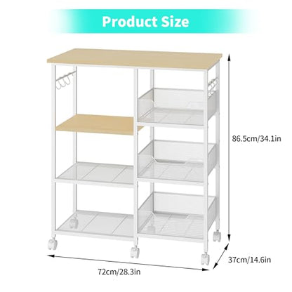 HapiRm Rolling Kitchen Carts with Storage - Microwave Table Stand with 6 Hooks & 3 Baskets, kitchen Island Cart on Lockable Wheels, 28.3" L × 14.6" W Bakers Rack Cart for Dining Room Coffee Bar Office - color: White