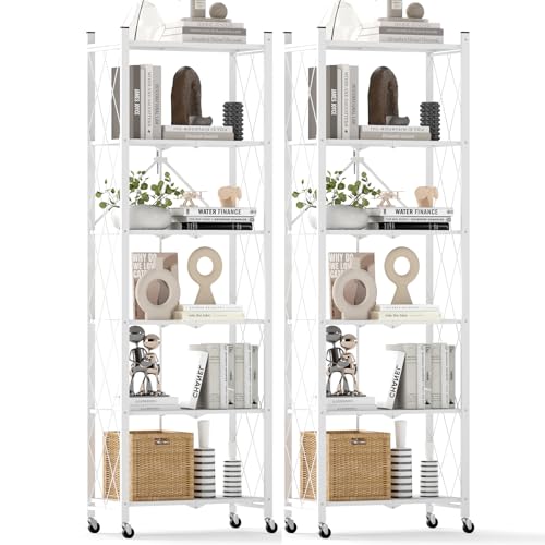 DEANIC 6-Shelf Folding Bookcase with Wheels, Heavy Duty Storage Shelves, Freestanding Metal Wire Shelving Unit for Living Room, Office, Kitchen, Basement, Pantry (White 2 Pack) - color: White-2 Pack, size: Compact 6 tier