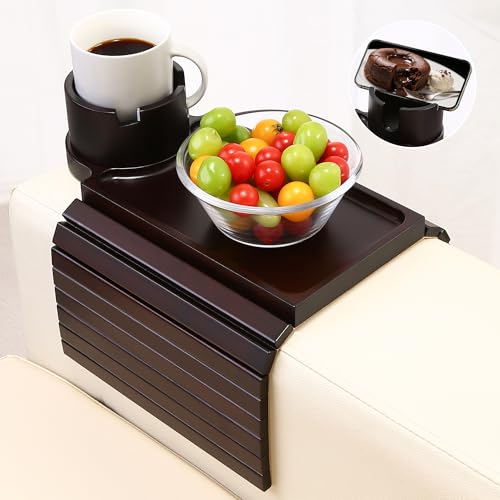 Couch Cup Holder Tray - 3 in 1 Couch Arm Table with 360° Rotating Phone Holder, Foldable Sofa Arm Tray for Drink Table, Snacks Table,Hold Cellphone Remote or Books - color: Walnut