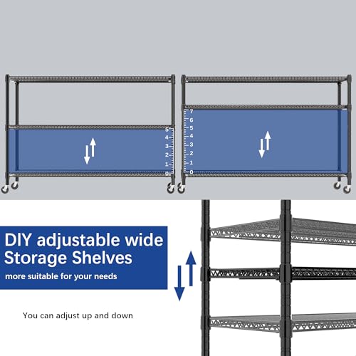 REGILLER 3-Wire Shelf Adjustable Heavy Duty Storage Shelves,Metal Organizer Wire Rack for Laundry Bathroom Kitchen Pantry Closet Garage Shelving with Wheel(Black,24" Dx59.6 Wx47.6 H) - size: 3Tier With Wheel 24"D x 59.6"W x 47.6"H