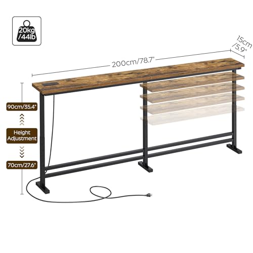 YATINEY 78.7" Console Table with Adjustable Height (27.6"-35.4") and Power Outlet, Skinny Behind Couch Table, Narrow Long Sofa Table for Living Room, Hallway, Entryway, Rustic Brown and Black CT09UBR - color: Rustic Brown + Black, size: 78.7"L x 5.9"W x 2