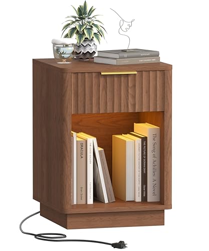 Akxomel Fluted Nightstand, Wooden Night Stand with Charging Station and LED Light, Modern Mid Century End Table with Drawer, 15" D x 15.7" W x 22.6" H, for Bedroom, Walnut - color: Walnut