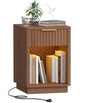 Akxomel Fluted Nightstand, Wooden Night Stand with Charging Station and LED Light, Modern Mid Century End Table with Drawer, 15" D x 15.7" W x 22.6" H, for Bedroom, Walnut - color: Walnut