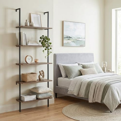 aboxoo Ladder Shelf 2PCS Open Bookshelf 5-Tier Wall-Mounted Wood Bookcase Rack Open Back Industrial Modern Plant Flower Stand Utility OrganizerMetal Frame Furniture Office Kitchen Bedroom (Brown) - color: Rustic Brown 5-tier, size: 2PCS