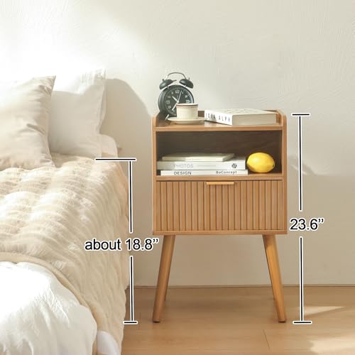 AWASEN Fluted Night Stand Set 2, Mid Century Modern Bedside Table Set of 2 with Storage Drawers, Wood Night Stand Side Table with Solid Wood for Living Room, Bedroom, Office and Small Space (Brown) - color: Brown Set of 2
