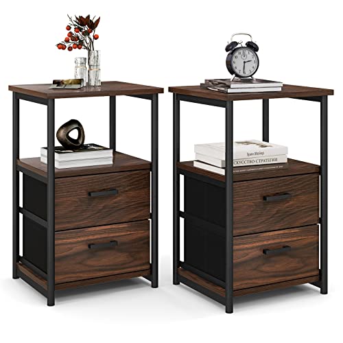 Tangkula Nightstand, Sofa Side End Table with Open Shelf & 2 Drawers, Metal Frame Bedside Table, Wooden Top 2 Drawer Dresser, Storage Unit for Bedroom, 13.5 x 12 x 23 Inch (2, Walnut)