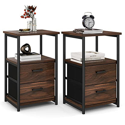 Tangkula Nightstand, Sofa Side End Table with Open Shelf & 2 Drawers, Metal Frame Bedside Table, Wooden Top 2 Drawer Dresser, Storage Unit for Bedroom, 13.5 x 12 x 23 Inch (2, Walnut)