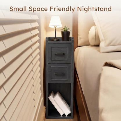 Narrow Nightstand Set of 2, Modern Small Bedside Table with Drawers & Open Shelf, Modern End Table for Bedroom Small Spaces, Apartments, Renters, Black - color: Narrow Black