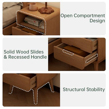 100% Solid Oak Wood Nightstand with 2 Drawers, Mid Century Modern Night Stand with Open Shelf, Wooden Nightstand, Small Night Stand for Small Spaces, Oak Bedside Table for Bedroom(23.23" H) - color: Natural Oak, style: 2 Drawer & Open Storage-1
