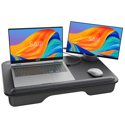 SAIJI Laptop Lap Desk with External Monitor Holder Fits Up to 17" Laptops | Lightweight Lap Tray Table Stand with Soft Leather Wrist Pad, Lap Desk with Cushion for Home Office Working/Gaming On Couch - color: Deep Black