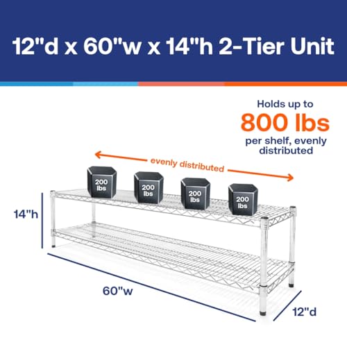 Shelving Inc. 12" d x 60" w Chrome Wire Shelving with 2 Tier Shelves, Weight Capacity 800lbs Per Shelf - size: 12"d x 60"w x 14"h
