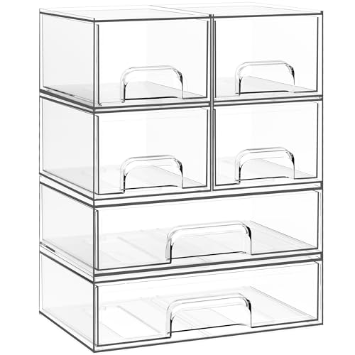 Criusia Stackable Storage Drawers, 6 Pack Clear Plastic Makeup & Bathroom Organizer, Versatile Storage Bins for Vanity, Under Sink, Kitchen Cabinets & Pantry - size: 6 PACK