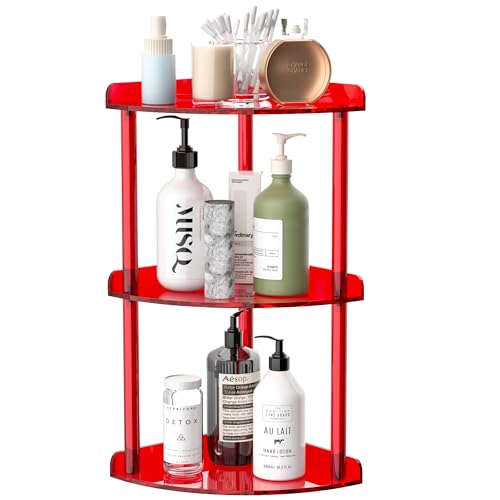 Sezanrpt 3 Tier Countertop Corner Organizer Shelf 7x7x15.7 Inch, Red Countertop Acrylic Bathroom Corner Shelf, Vanity Storage Organizer for Cosmetics, Toiletries - color: Red, size: 7x7x15.7 Inch