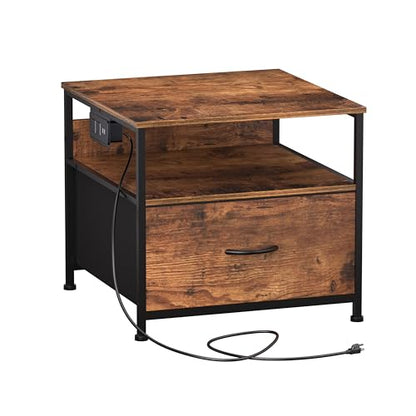 Unionly Mini Fridge Stand with drawer Storage,shelf & Power Outlet | 180lb Mini Fridge Table with Charging Station,Heavy duty small refrigerator shelf,white end table for Living Room,Kitchen - color: Brown