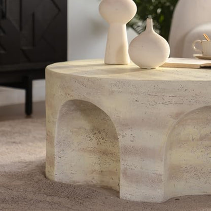 Round Marble Coffee Table 31.5" Faux Stone Coffee Table for Living Room, Modern Travertine Center Table, Magnesium Oxide, No Assembly, Beige - color: Faux Stone-arched Deco-beige