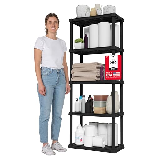 IRIS USA 5-Shelf Light Duty Plastic Storage Shelves, 250lb Capacity, 64" H x 24" W x 12" D, Medium Modular Shelving Unit Storage Organizer for Bathroom, Laundry, Garage & Home, Storage Rack - Black - color: Black, size: 5 Tier | 12"D x 24"W x 64"H