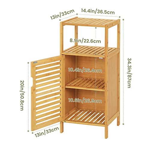 VIAGDO Bamboo Cabinet, Bathroom Storage Cabinet with Single Door and Shelf, Freestanding Bathroom Cabinet, Kitchen Cupboard, Sofa Side Table for Living Room/Hallway/Kitchen