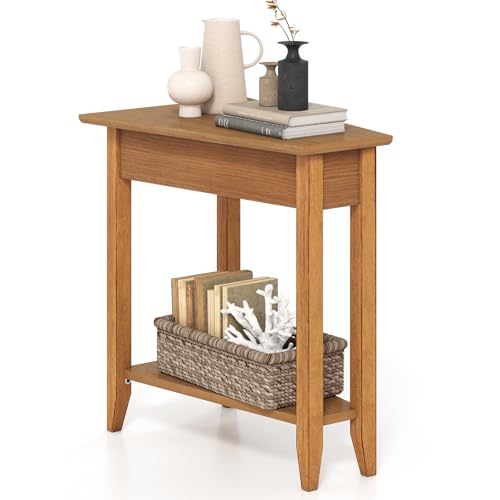 Giantex Wedge End Table, Triangle Side Table with Storage Shelf and Solid Wood Legs, 24.5" Tall Nightstand, Modern Narrow Accent Recliner Table for Small Space Living Room, Walnut - color: Light Walnut