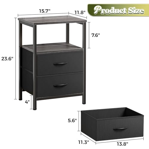 Huuger Night Stand with 2 Drawers, Bed Side Table with Open Shelf, Wooden Top, Nightstand for Bedroom, End Table for Small Space, Fabric Drawer, Grey - color: Gray and Black