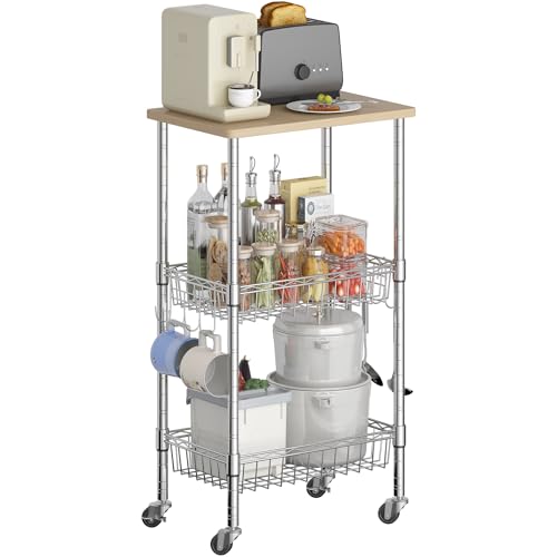 Homeiju Rolling Kitchen Storage Cart, 3-Tier Storage Rack on Caster Wheels with Adjustable 2 Baskets, Coffee Station Cart Rack Shelf Organizer for Living Room Office, Balcony, Chrome/Silver