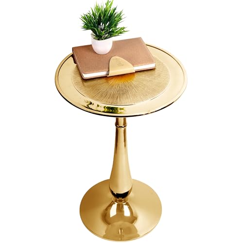 Gold Round End Table Modern Metal Accent Side Table with Embossed Top & Pedestal Base for Living Room, Bedroom, Entryway or Hallway, Electroplated Aluminum Design 15" x 21" Inch - color: Gold, size: 15" x 22" - Inch