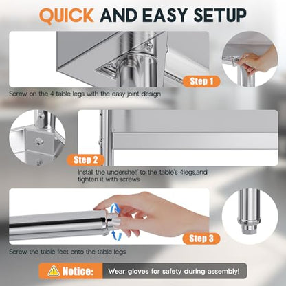 Jocisland 30" x 96" Stainless Steel Table for Prep & Work, Food-Grade Stainless Steel with Backsplash, Adjustable Under Shelf & Safe Design for Restaurant, Home and Outdoor - size: 30x96 in, style: With Hooks& Backsplash