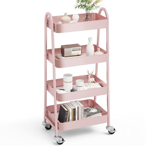 OLIXIS Metal 4 Tiers Rolling Storage Utility Cart with Lockable Wheels | Mobile Organizer Shelf, Space-Saving, Freestanding, Bathroom, Living Room, Slim, Narrow Corner Spaces, Pink - color: 4-tiered Pink, size: 4-Tiered 18 inches