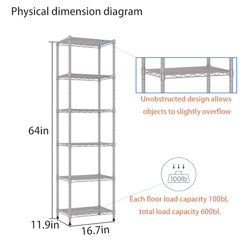 REGILLER 6 Wire Shelving Steel Storage Rack Adjustable Unit Shelves for Laundry Bathroom Kitchen Pantry Closet (16.7L x 11.9W x 64H, Silver) - color: Silver