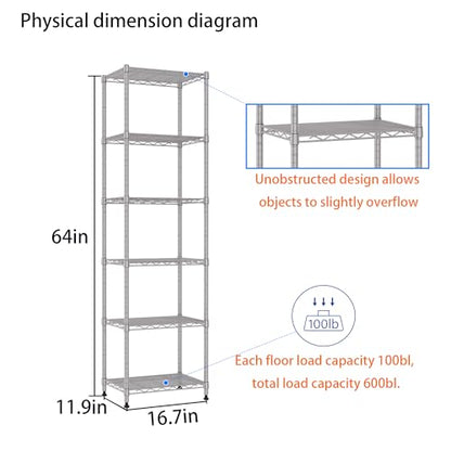 REGILLER 6 Wire Shelving Steel Storage Rack Adjustable Unit Shelves for Laundry Bathroom Kitchen Pantry Closet (16.7L x 11.9W x 64H, Silver) - color: Silver