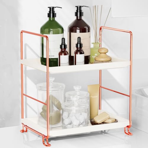 FSyueyun 2-Tier Bathroom Countertop Organizer, Makeup Organizer for Vanity | Rose Gold Metal Frame with White Plastic Shelf, Tool-Free Setup, Bathroom Counter Organizer Tray for Skincare, Perfume - color: Rose Gold