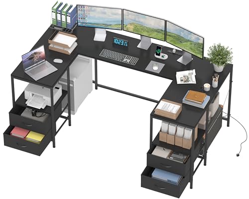 YOSHOOT 67" U Shaped Computer Desk, Reversible L Shaped Gaming Desk | Corner Desk with Power Outlets, 4 Drawers, 2 Storage Shelf, Computer Table with 4 Installation Methods, Black - color: Black, size: 35.4"D x 66.9"W x 30.3"H