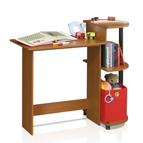 Furinno Compact Computer Desk with Shelves, Round Side, Light Cherry/Black - color: Light Cherry/Black, size: Round Side Shelf