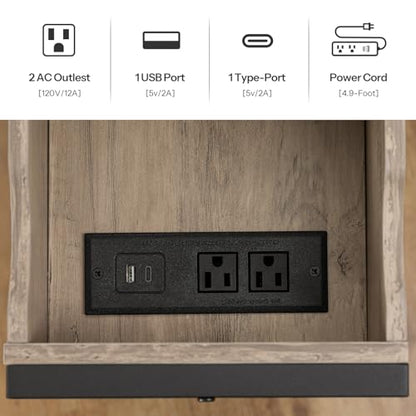 HOOBRO Side Table, Flip End Table with Charging Station and Shelves, USB Ports & Power Outlets, Narrow Nightstand for Small Spaces, Living Room, Stable and Sturdy, Greige and Black BG341BZ01 - color: Greige+black
