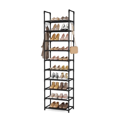 LANTEFUL 10 Tiers Shoe Rack 25 Pairs Large Capacity Tall Shoe Organizer Sturdy Shoe Storage with Two Hooks Space Saving Metal Narrow Shoe Rack for Closet, Entryway, Bedroom, Black - color: Black, size: 10 Tier-68" High-17" Wide