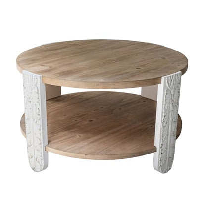 31.5'' Round Wood Coffee Table 2-Tier Circle Craft Rustic Coffee Table for Living Room, Modern Retro Farmhouse Style, Carved Leg & Easy Assembly, Brown & White - color: 31.5in-brown & White