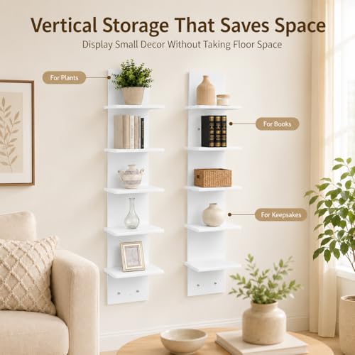 2PCS 5 Tiers Floating Wall Shelf, Small Vertical White Floating Shelf for Narrow Spaces, Modern Wall-Mounted Decorative Shelves for Bedroom Living Room, Lightweight Wood-Plastic - size: 2PCS