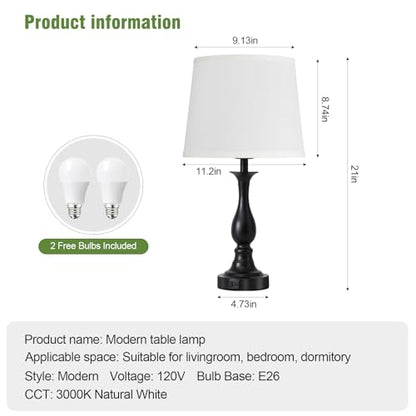 Bedside Table Lamp Touch Control Bedroom Lamps with USB A + C Charging Port 3 Way Dimmable Touch Lamps for Nightstand Living Room Bedroom Dorm Home Office Reading, Set of 2 (White Shade & Black Base) - color: White Shade & Black Base
