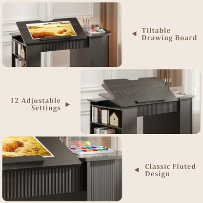 Drafting Table with Storage Cabinet & Drawers, Adjustable Drawing Table with Open Shelves, Crafting Table Art Desk for Home Office, Reading, Writing, Crafting, Painting (Black) - color: Black